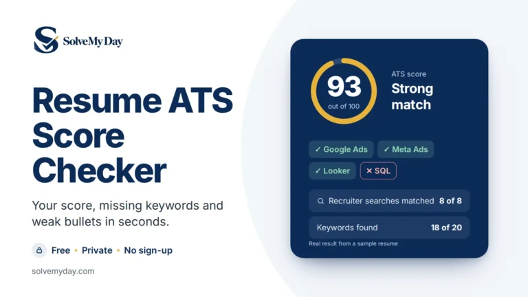 Resume ATS Score Checker by Solve My Day showing a sample score of 93 out of 100